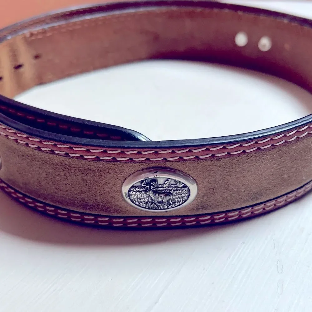 Men’s Leather & Suede Size 42 Handtooled Belt Silver Buck Medallion Accents
